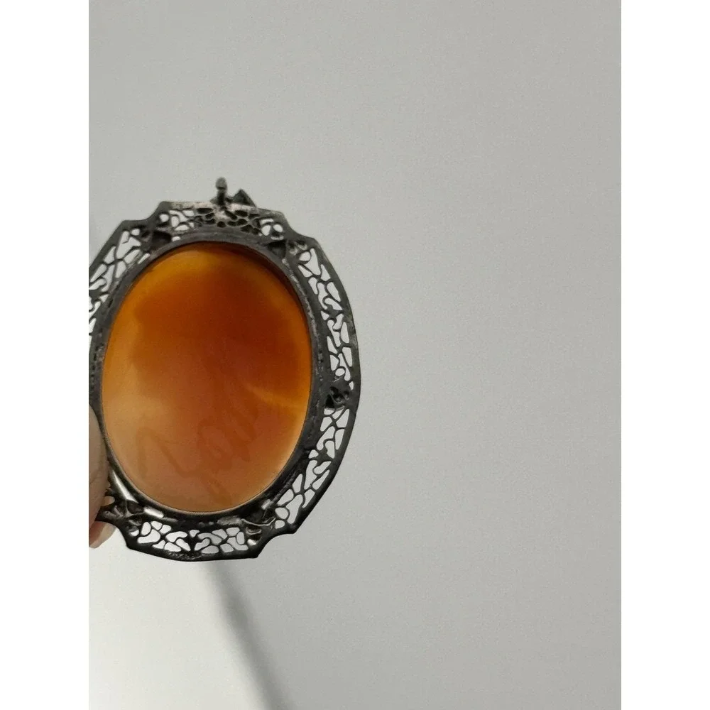 Vintage‎ Art Deco Sterling Silver Filigree Marcasite Carved Shell Cameo Pendant